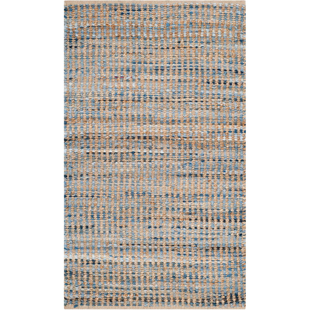 Compact tan-and-blue rug features tightly repeating checked rows