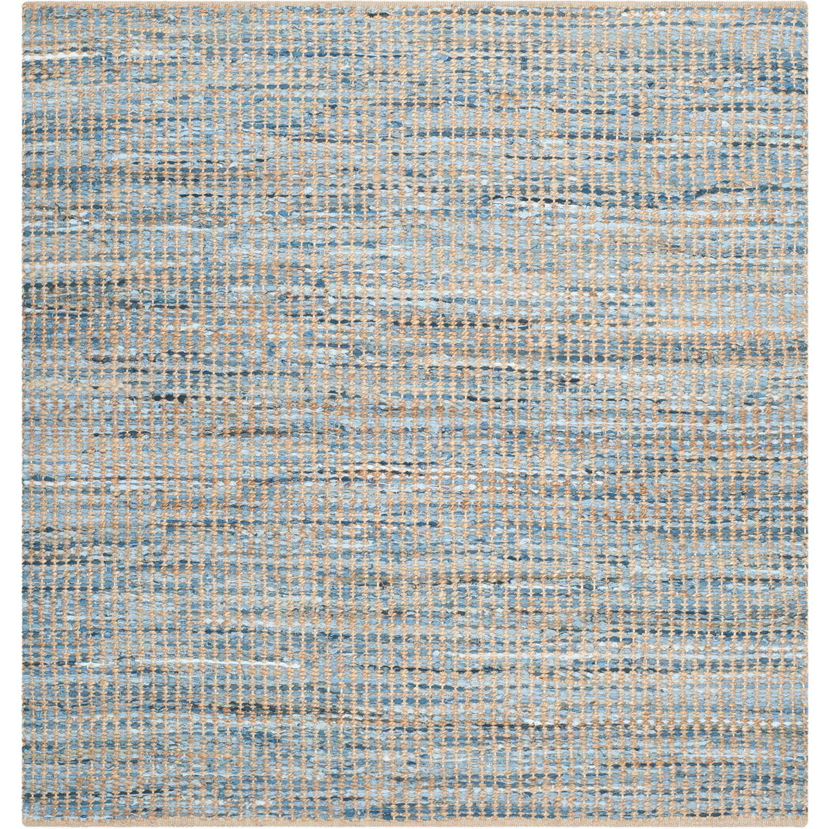 Square jute rug pairs pale blue strands with warm natural fibers in tiny checks