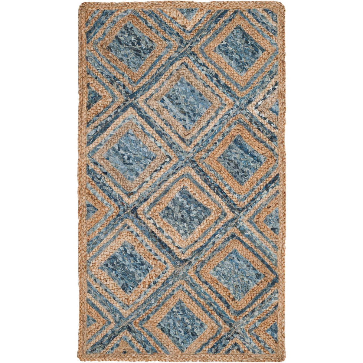 Small accent rug features oversized blue denim diamonds outlined in tan