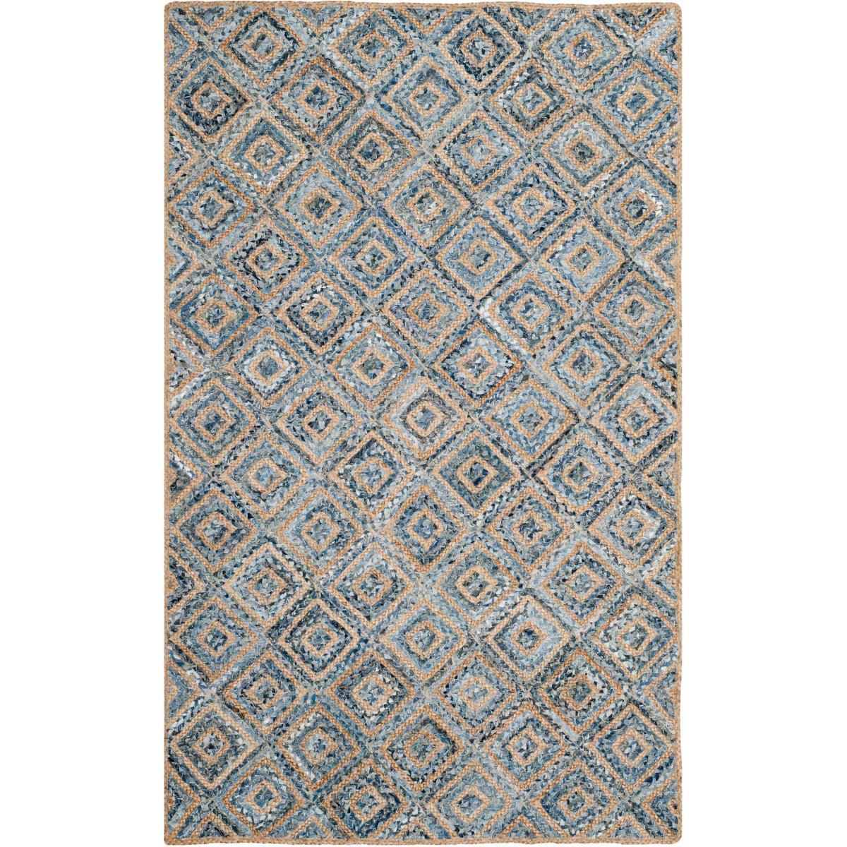 Faded blue diamond lattice stands out against warm natural jute fibers