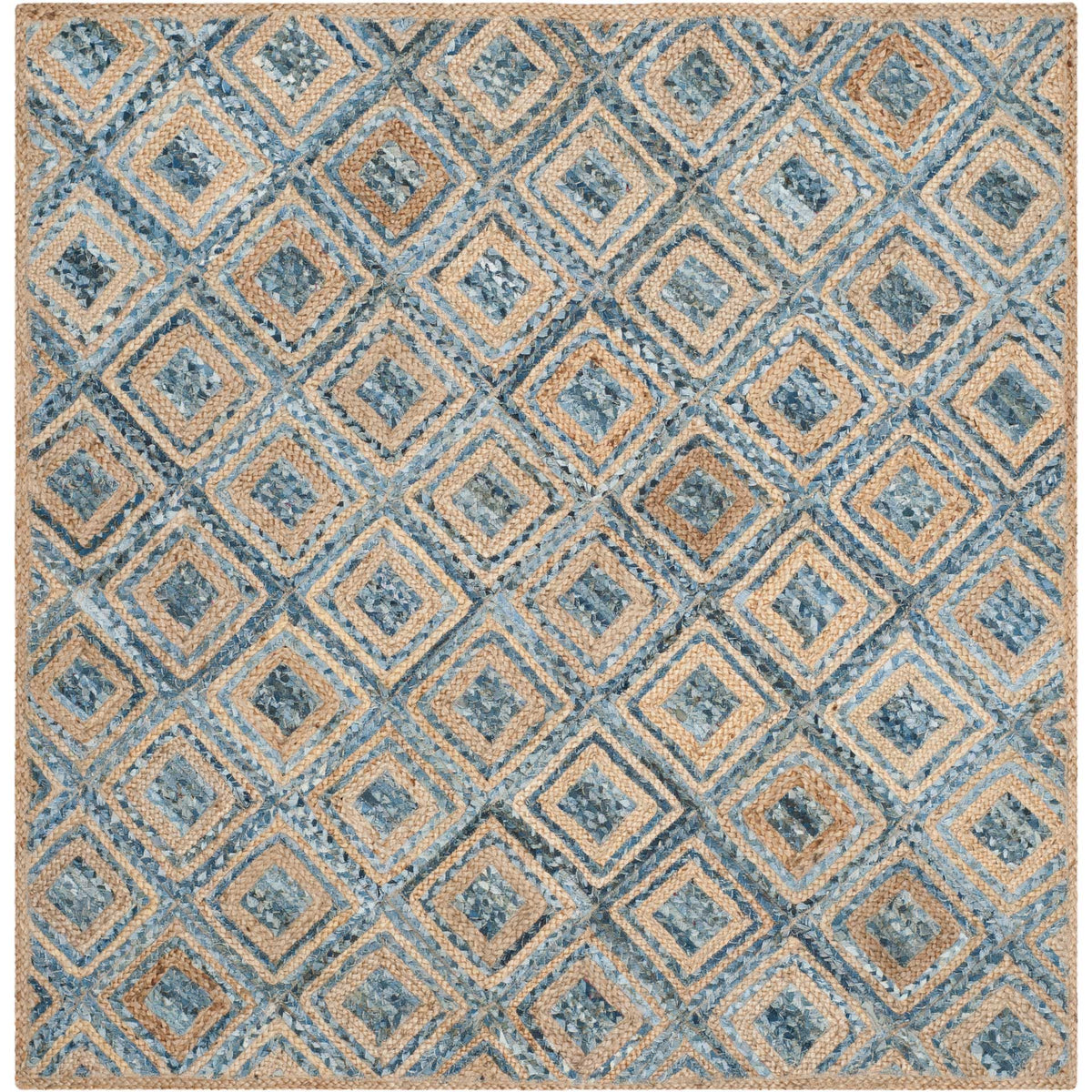 Square blue-and-tan rug repeats layered diamond shapes with a rustic weave
