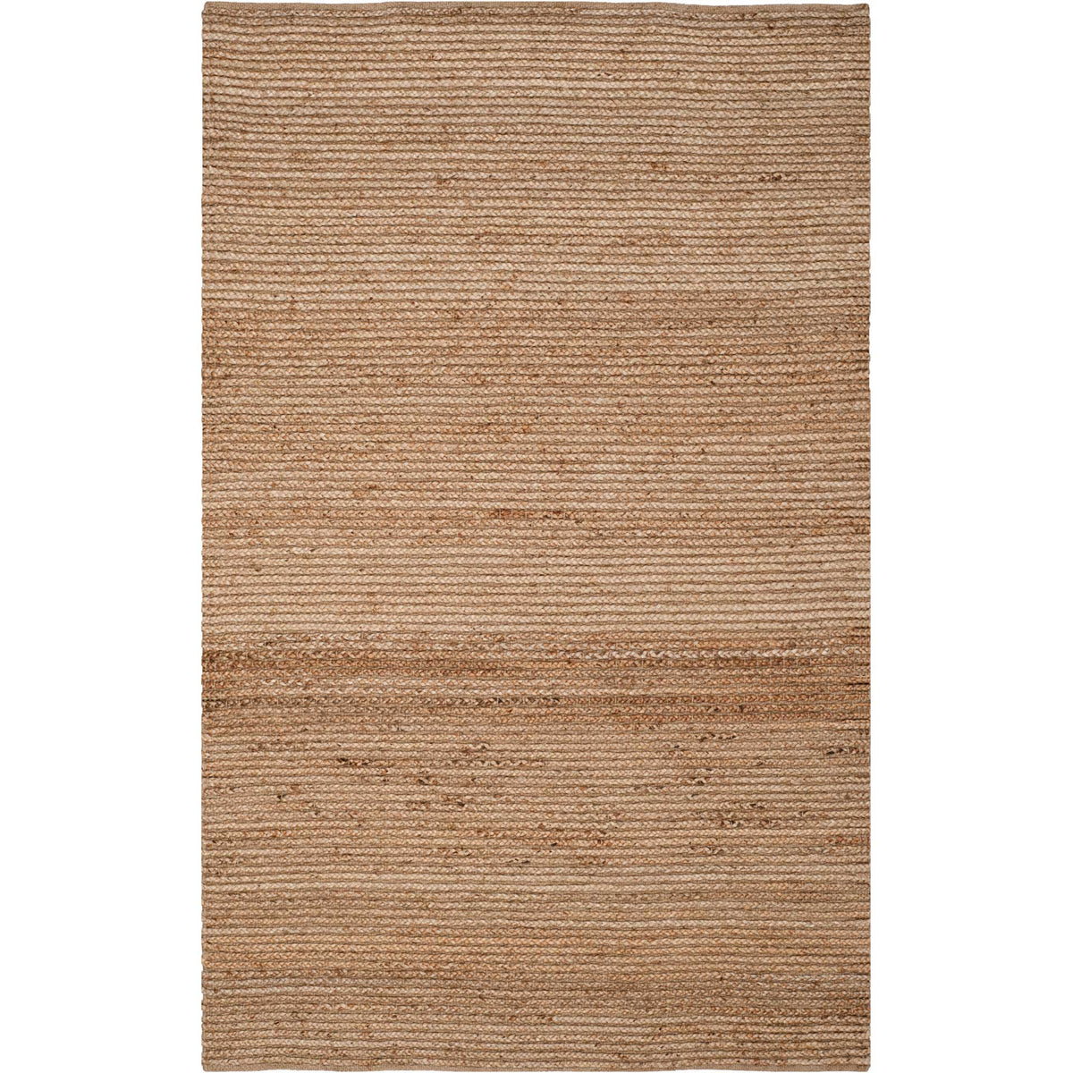 Tan jute area rug displays tonal bands and a chunky, organic weave