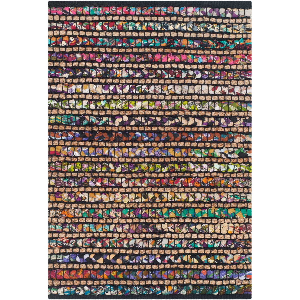 Small dark accent rug packs colorful woven knots into lively stripes