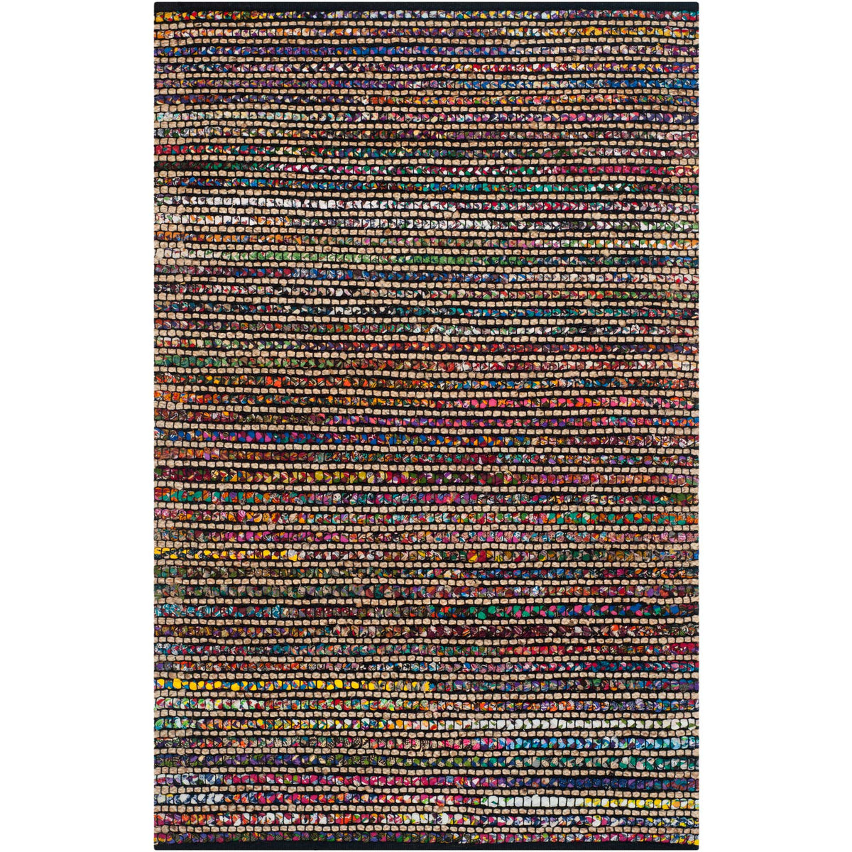 Dense rainbow-colored stripes sit over a dark woven base