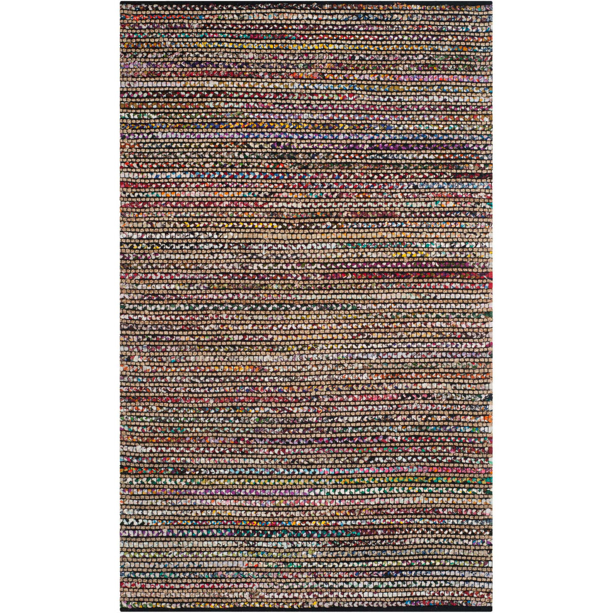 Vivid fabric flecks give a handwoven striped rug warm, eclectic character