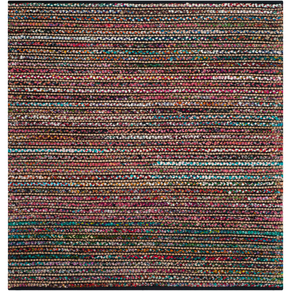 Square dark rug weaves tiny multicolored knots into rhythmic horizontal rows