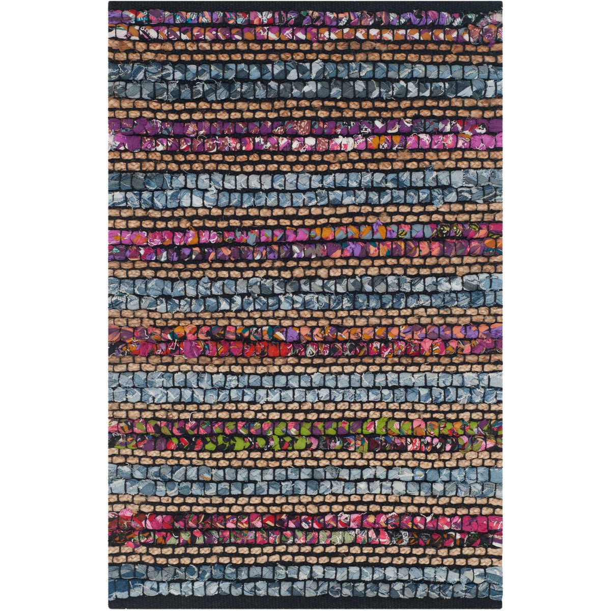 Compact blue accent rug pops with pink, purple and orange woven stripes