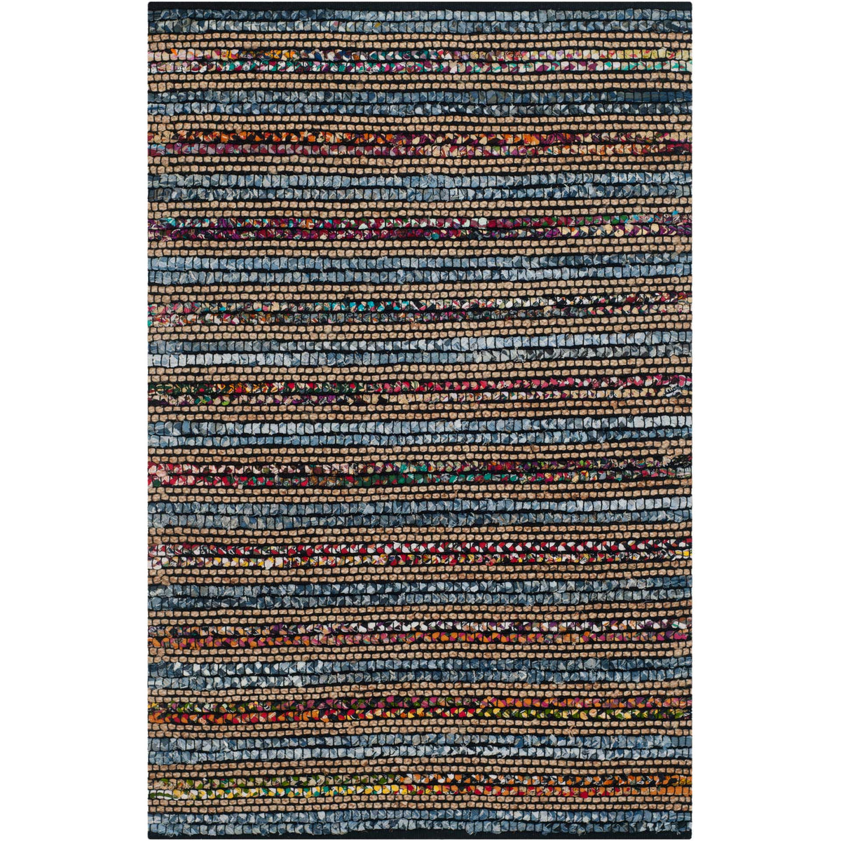 Blue-ground rug mixes tan, pink and yellow yarns in closely spaced stripes