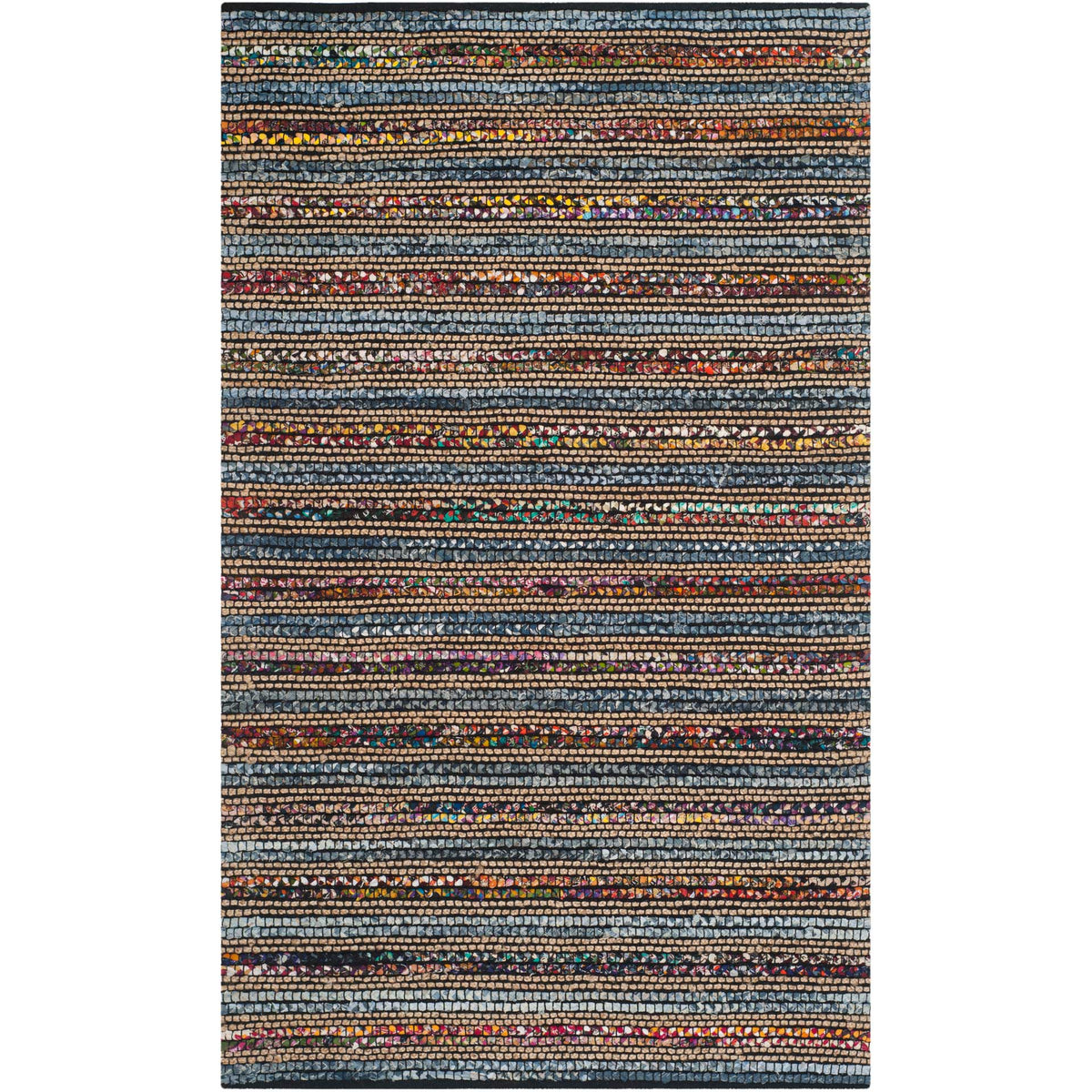 Dense rows of blue and multicolored fabric form a bright, textured rug