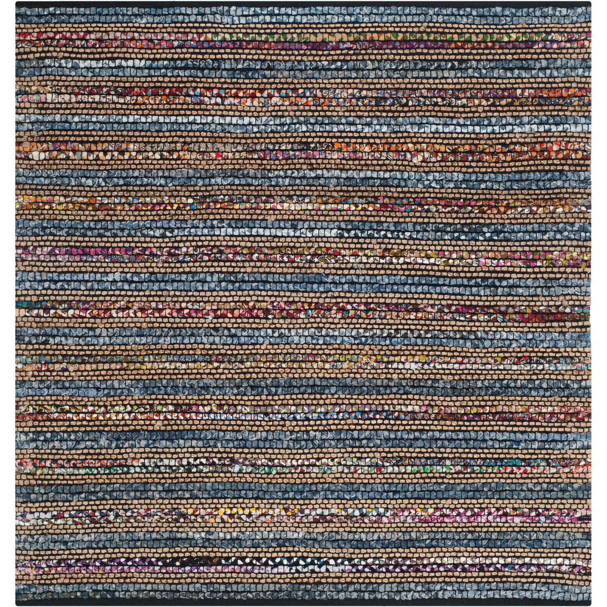 Square woven rug balances blue bands with multicolored flecks and dark edging