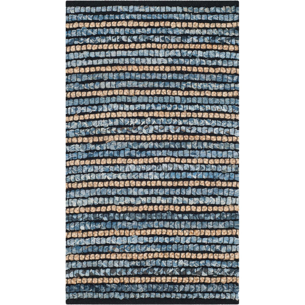 Small blue-and-tan accent rug features bold, tactile horizontal bands