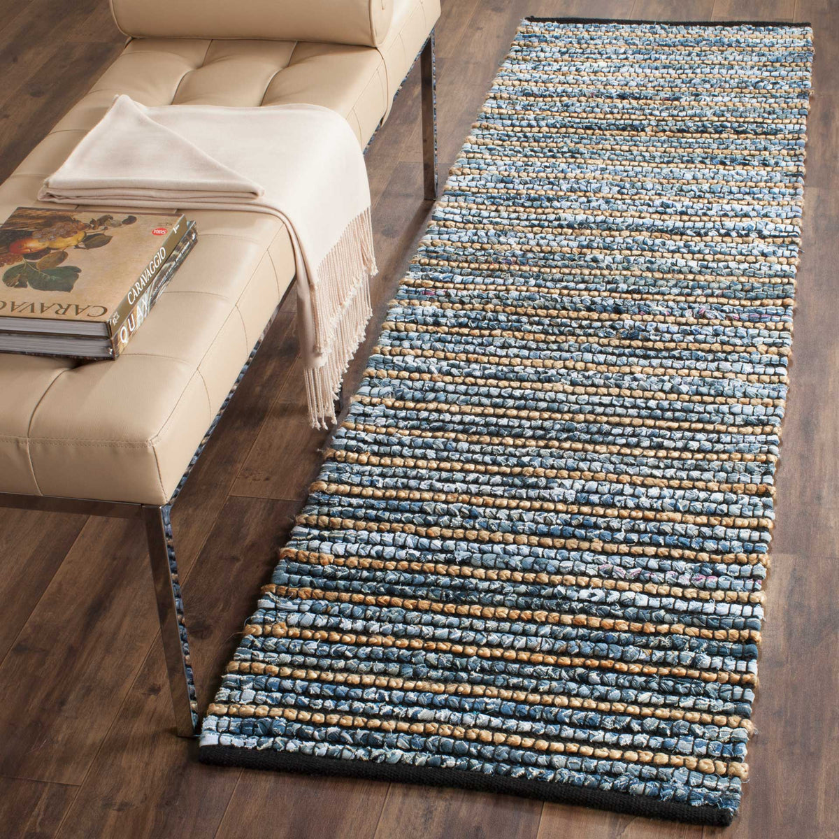 Layered blue and tan stripes bring rich texture to this inviting hallway runner
