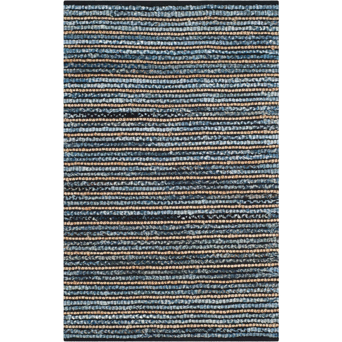 Blue striped rug mixes sandy jute rows with dark navy spacing