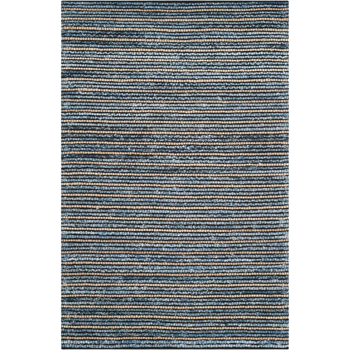 Fine tan and blue bands run across this handwoven rectangular rug