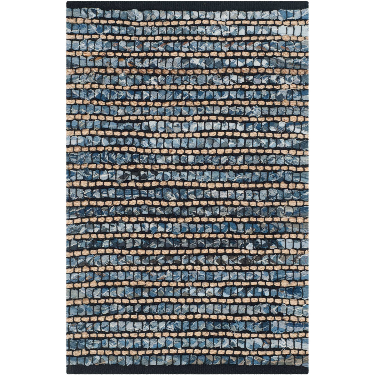 Small blue and natural rug features tactile rows on a dark navy ground