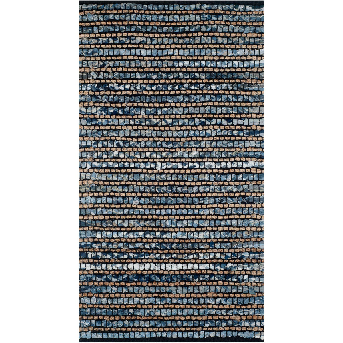 Narrow blue accent rug displays chunky, alternating pale and deep blue stripes