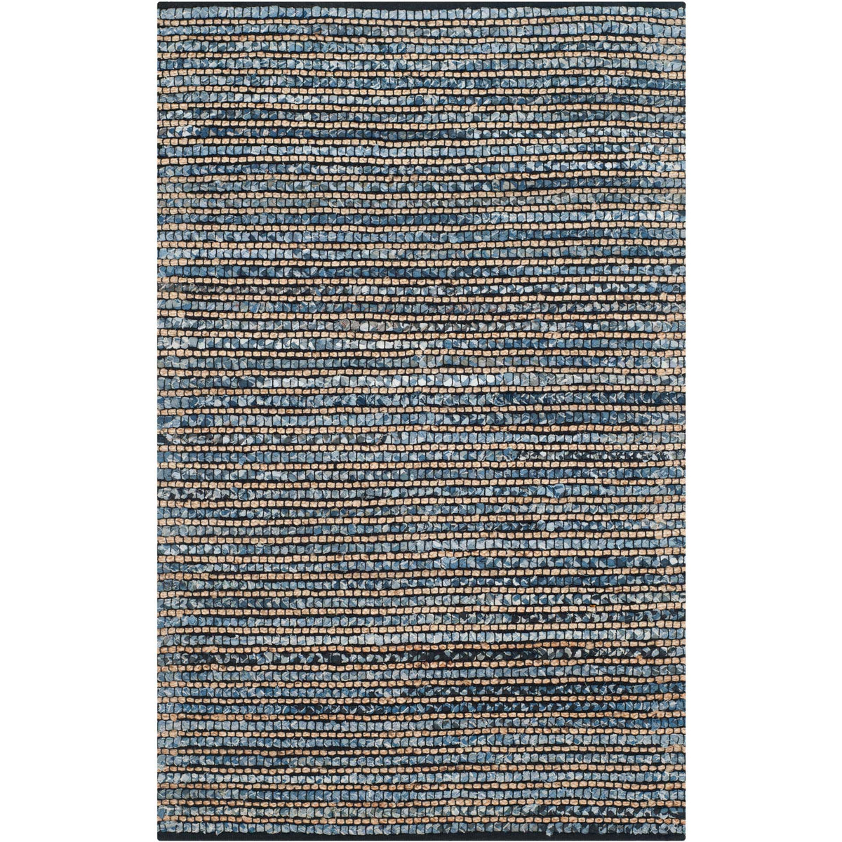 Compact navy rug gains contrast from tan and light blue striped rows