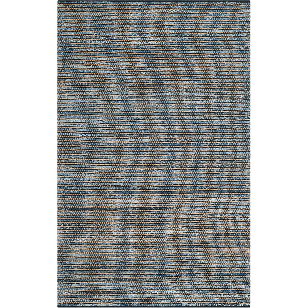 Long rectangular blue rug features closely packed tan and indigo woven stripes