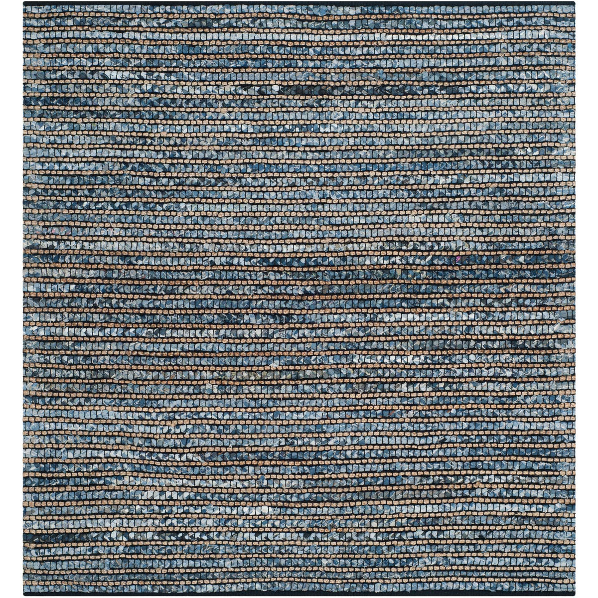 Square blue rug interweaves pale natural rows over a dark woven base