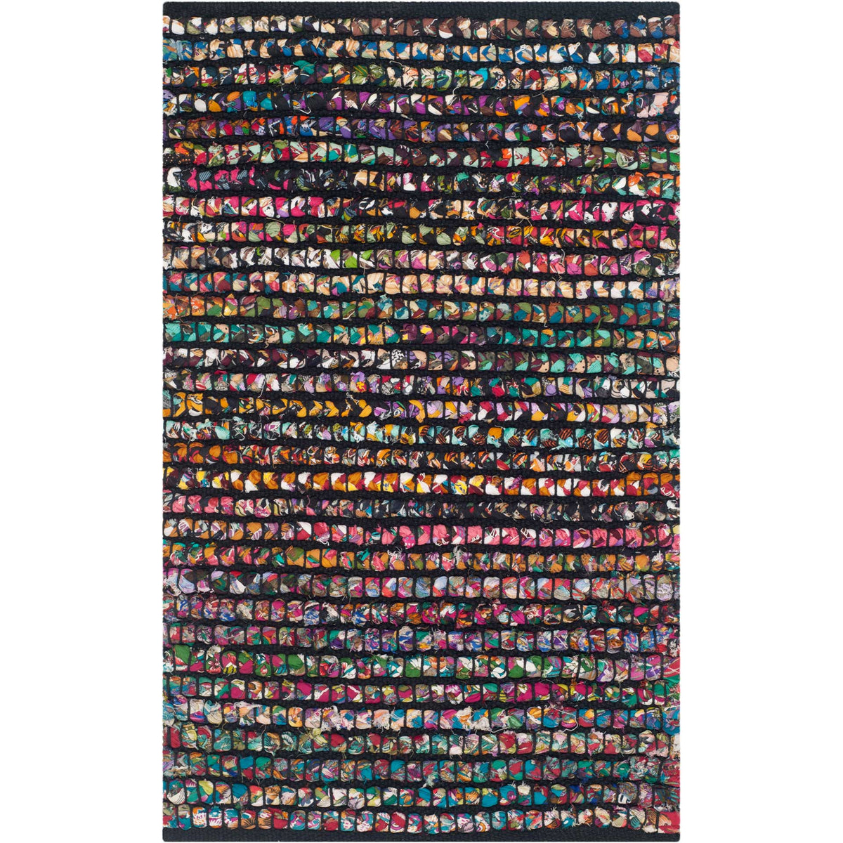 Small dark rug bursts with closely spaced rainbow-colored woven rows