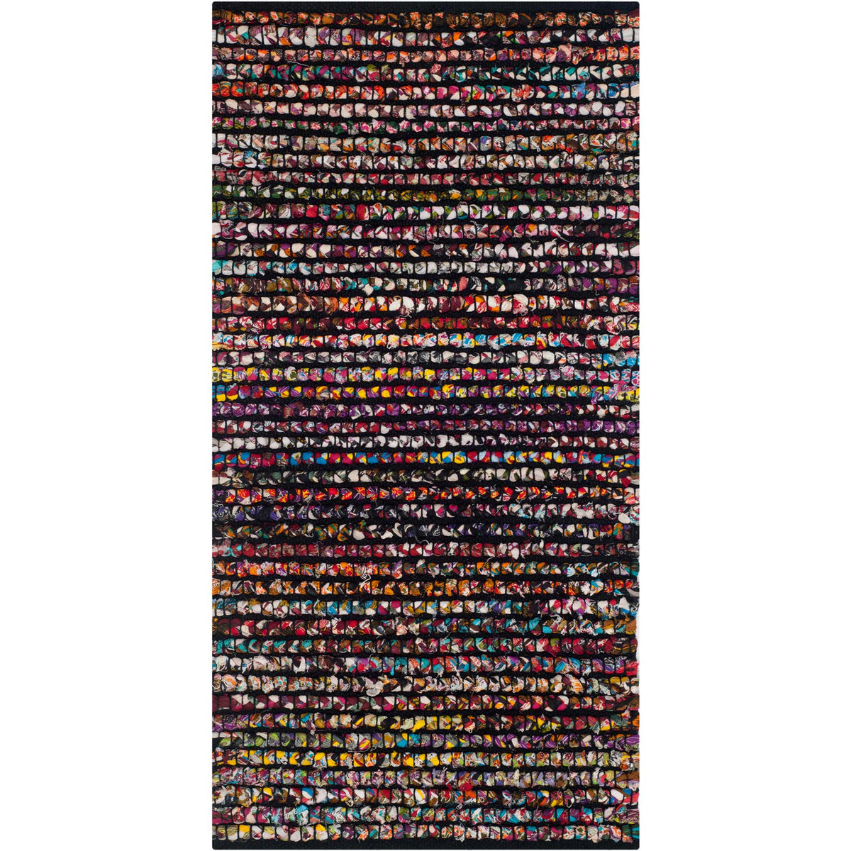 Slim accent rug features vivid pink, blue and orange stripes on a dark base