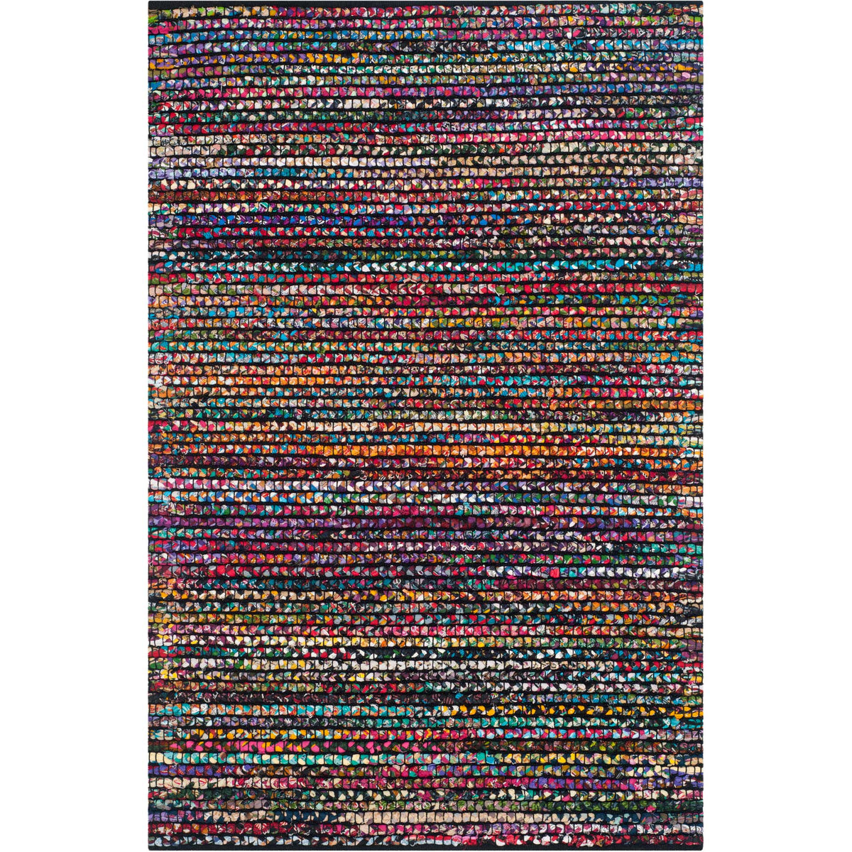 Colorful fabric strips pop against the black background of this compact rug