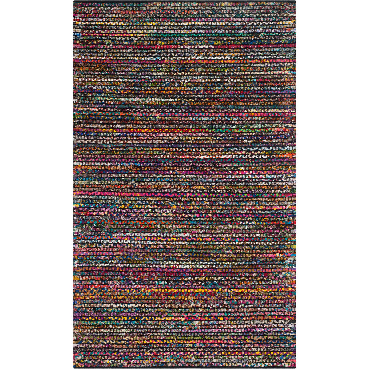 Bright ribbons of color weave across a deep-toned striped rug