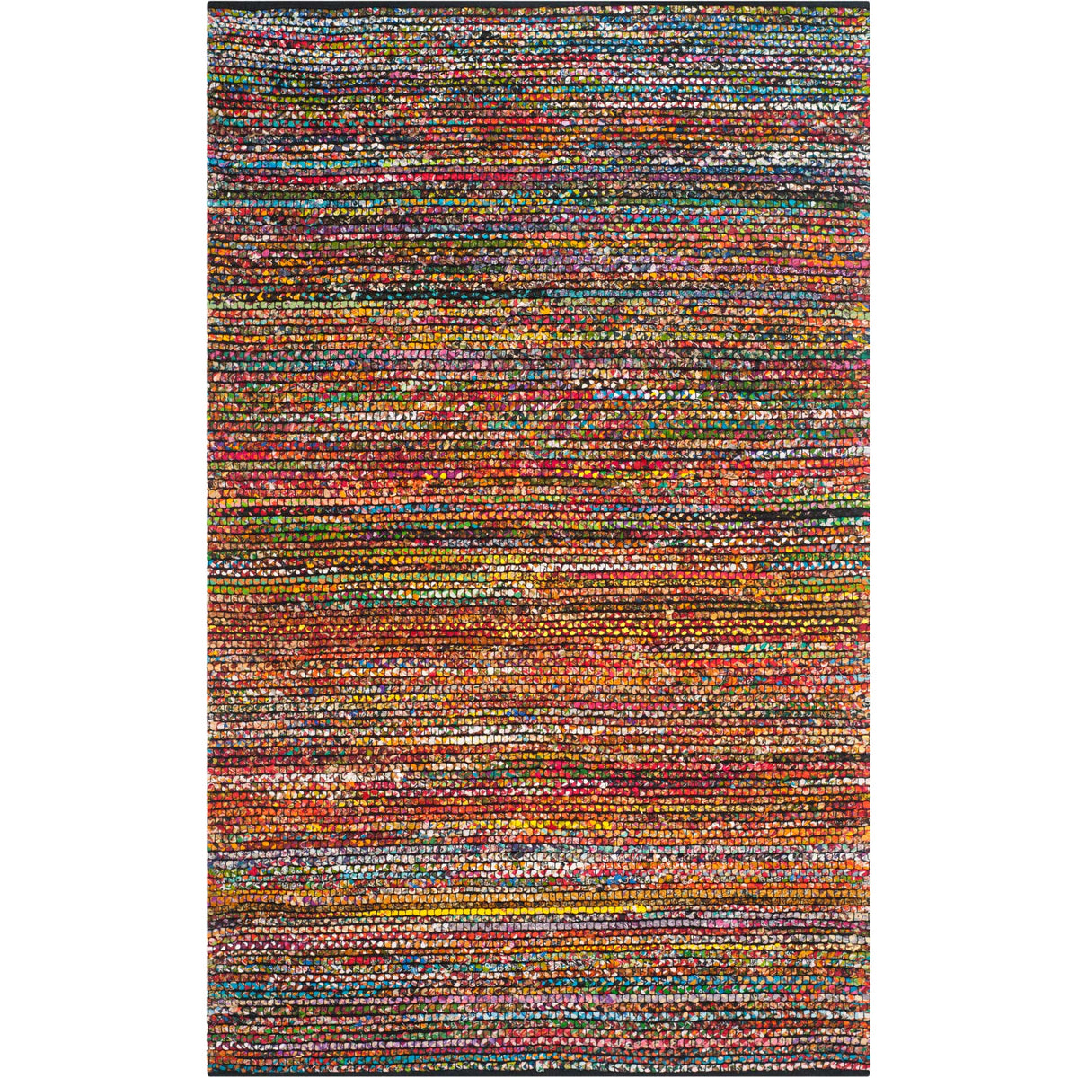 Tightly woven colorful rows create a richly speckled rectangular rug