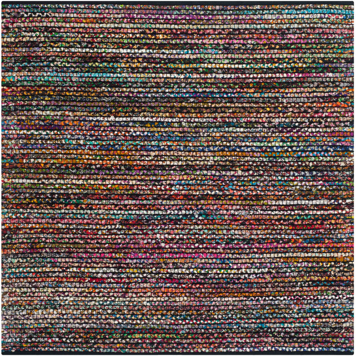 Square rug glows with tiny multicolored fabric knots over dark stripes
