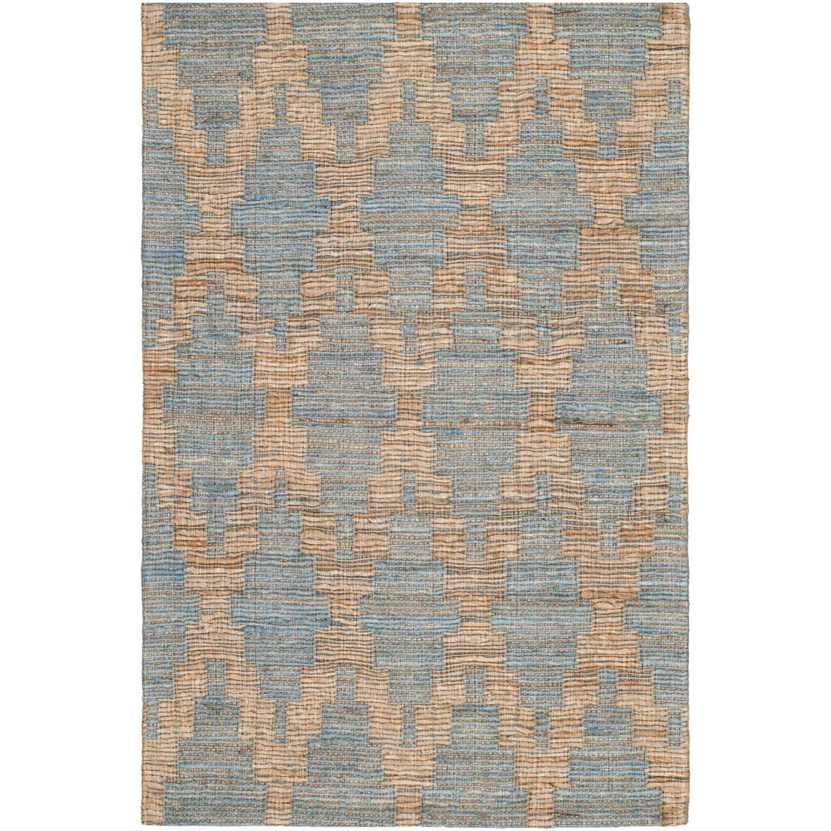 Small blue-and-gold accent rug features a bold repeating trellis design