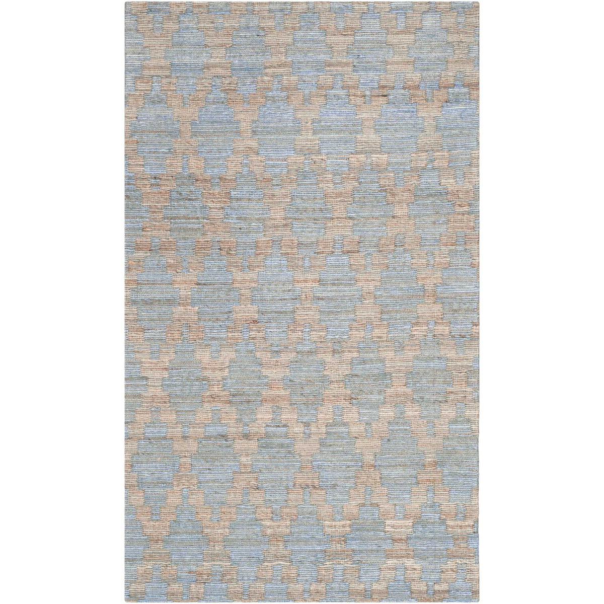 Compact woven rug pairs sky blue geometric motifs with sandy gold accents