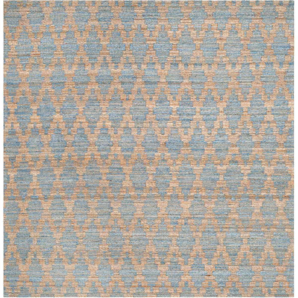 Square light blue and gold rug repeats elongated diamond motifs throughout