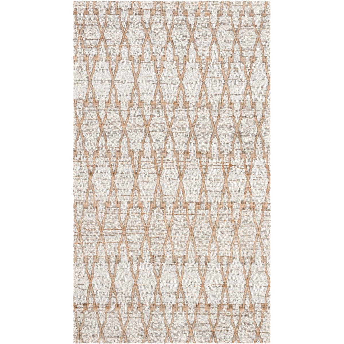 Small silver-toned rug features a repeating tan diamond trellis