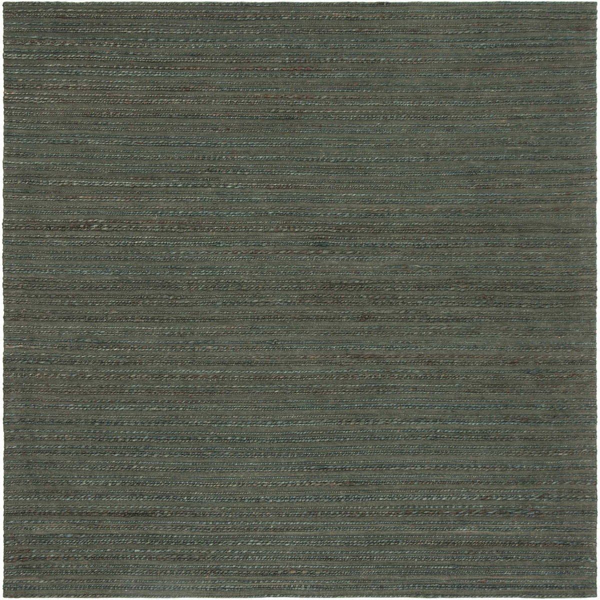 Square dark green rug offers closely woven ridges and earthy color depth