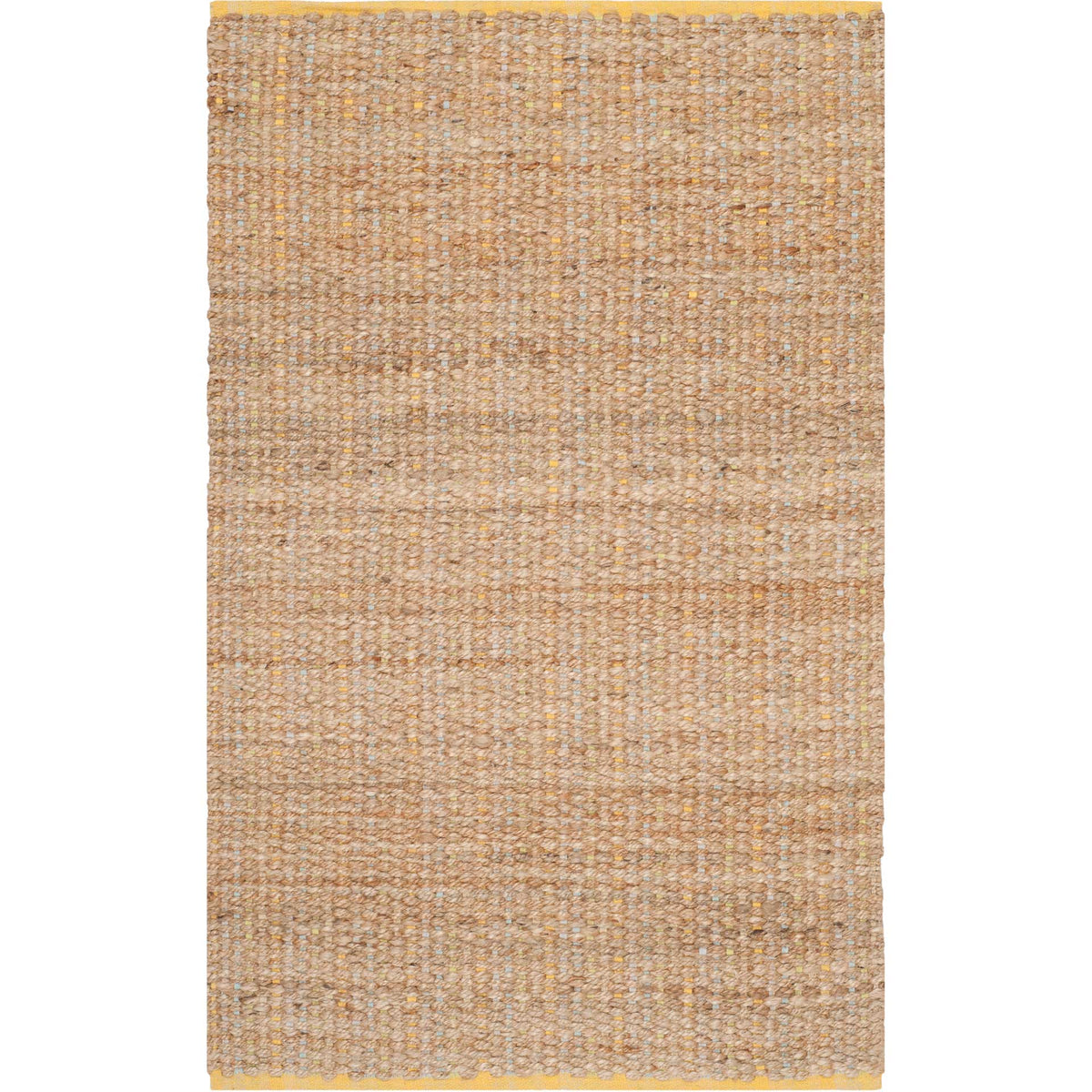Small natural golden rug pairs textured tan fibers with yellow edge binding