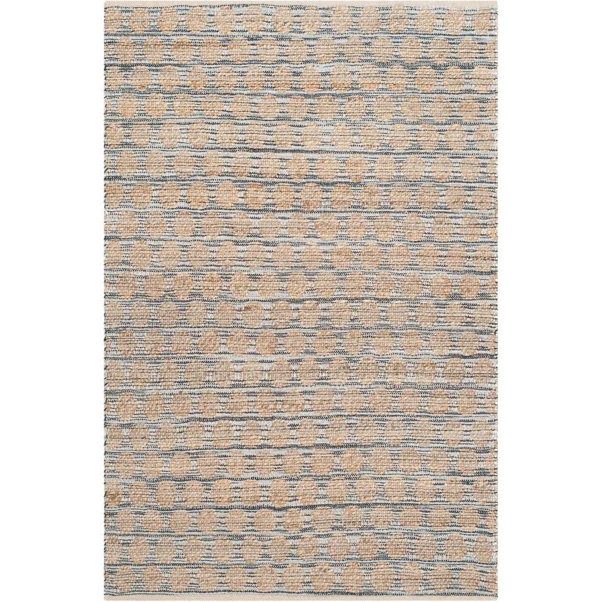 Compact natural rug repeats rounded dark motifs over a tan background