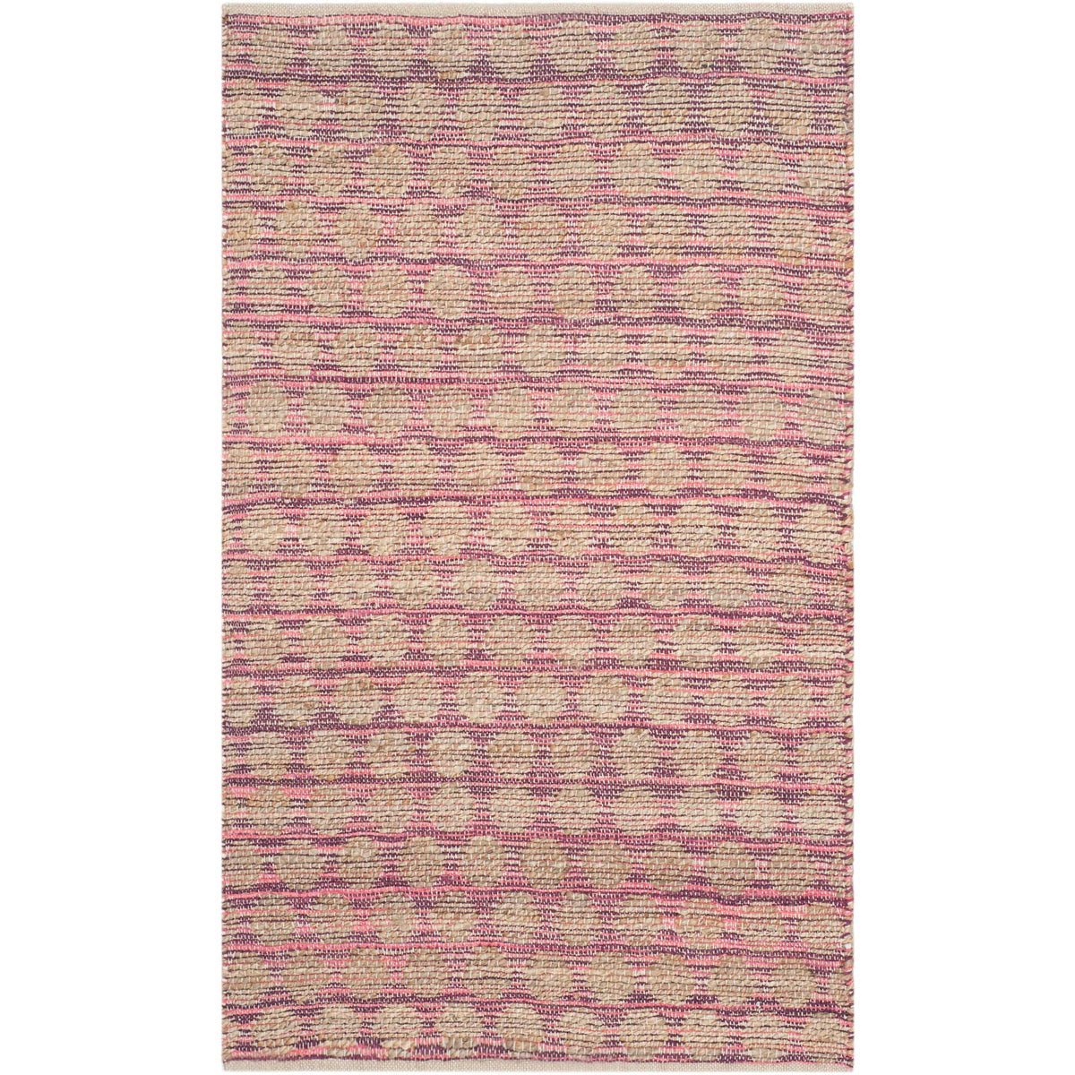 Small maroon-and-natural rug pairs soft rounded shapes with linear texture