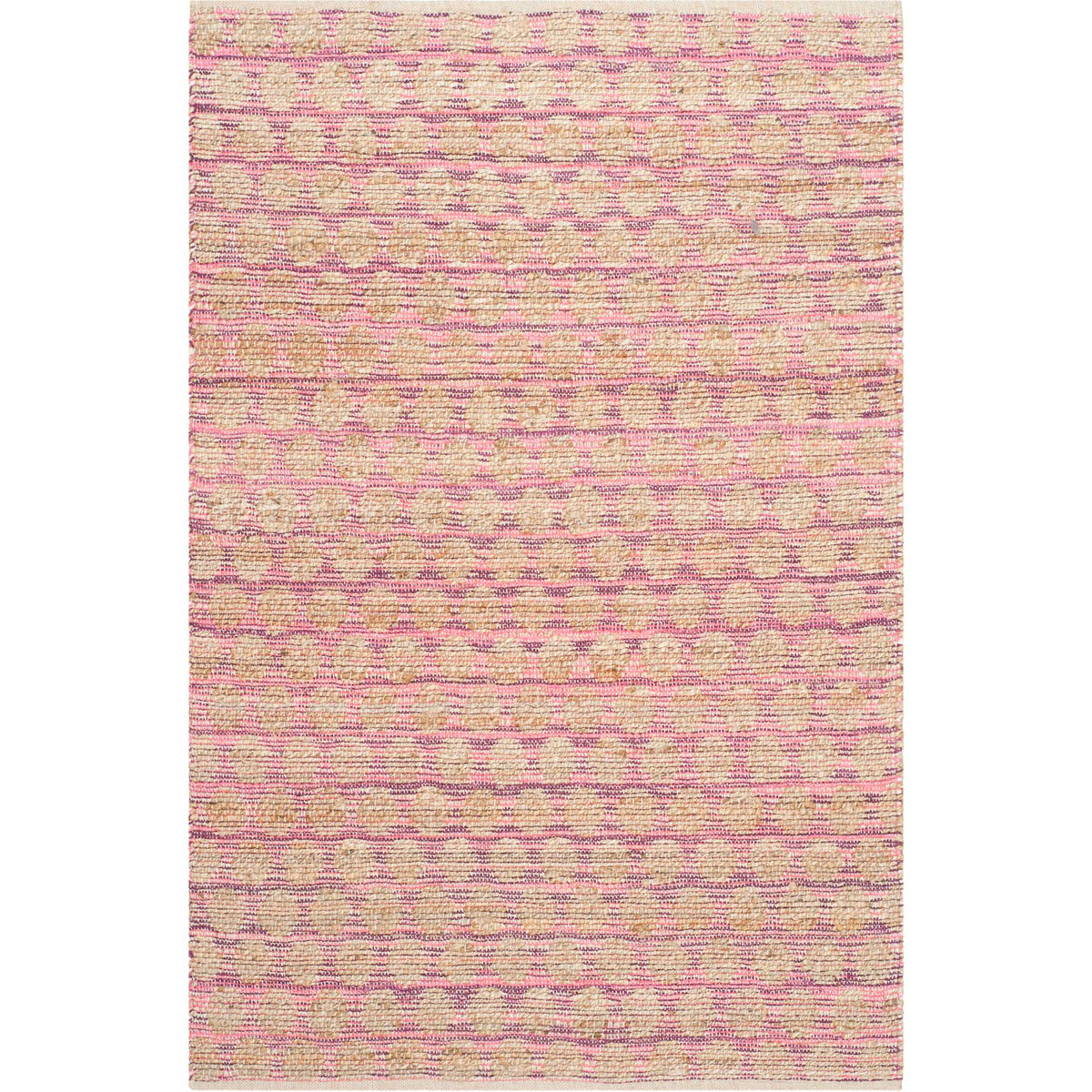 Maroon-pink loops create a tonal lattice against warm natural fibers