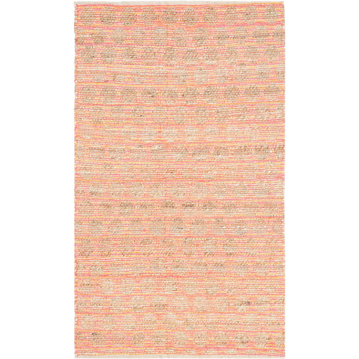Small rug shows coral-orange striping over natural tan jute