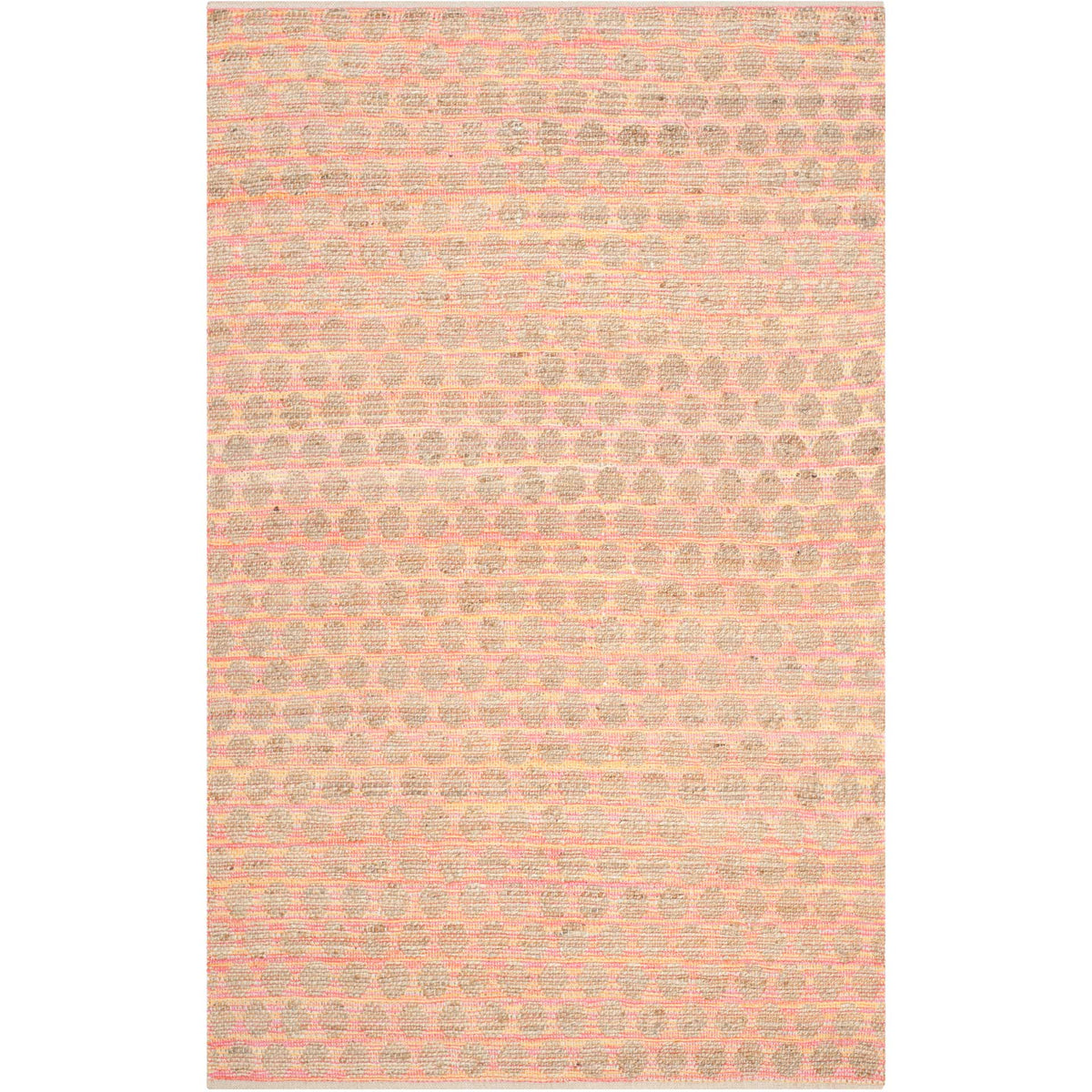 Soft orange geometric loops add subtle color to a natural rectangular rug