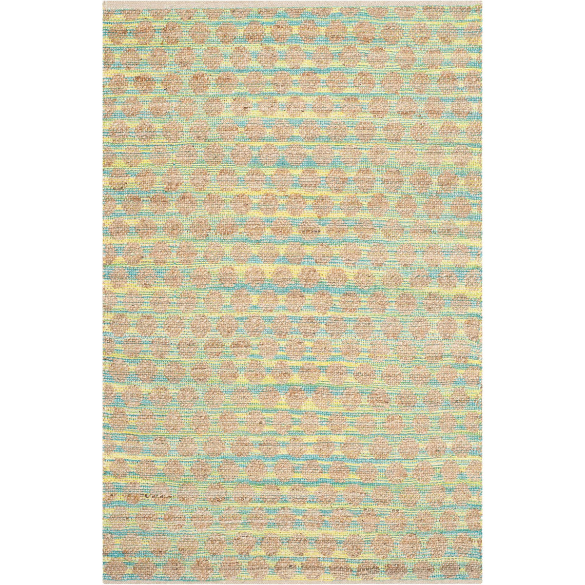 Compact teal-and-tan rug repeats soft-edged geometric shapes throughout