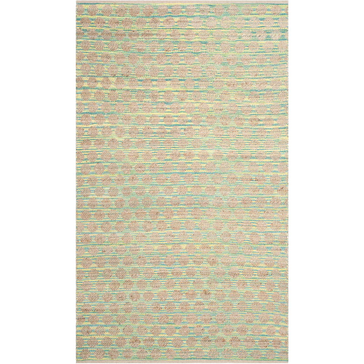 Natural jute rug features mint-teal woven circles and fine horizontal lines