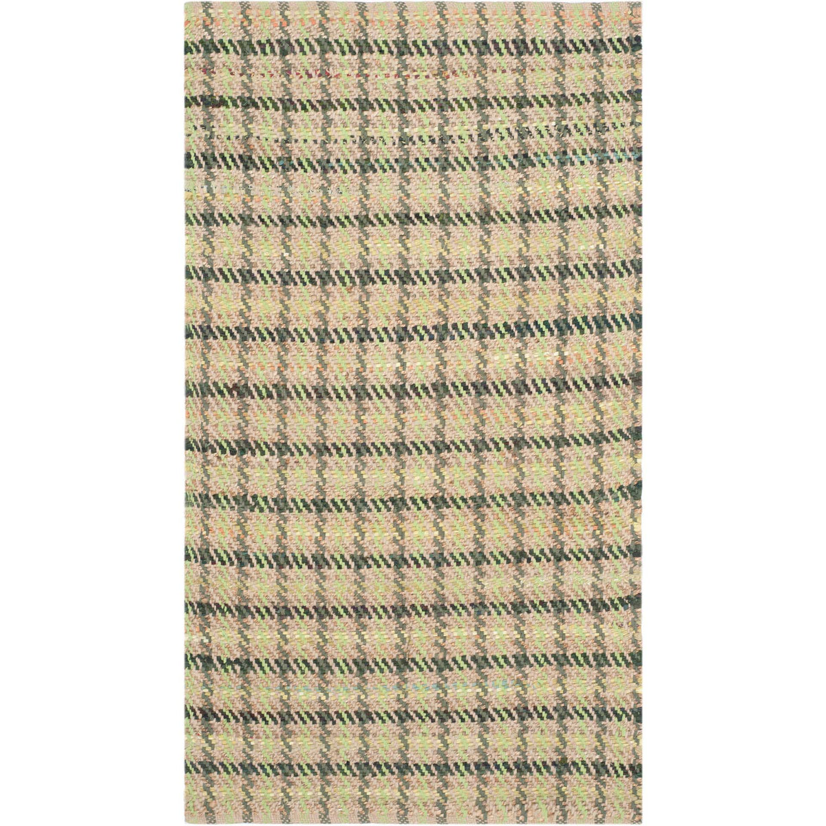 Small green-and-natural rug mixes dark dashes with closely spaced checks