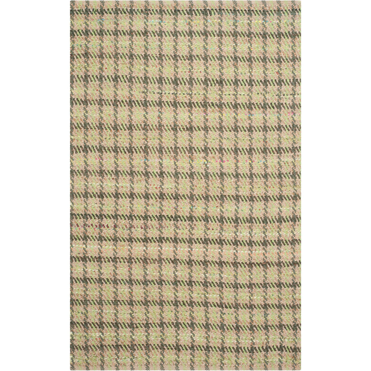 Green and beige woven marks form a dense geometric pattern on a compact rug