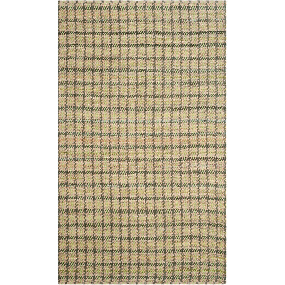 Small-scale green checks repeat across a warm natural rectangular rug