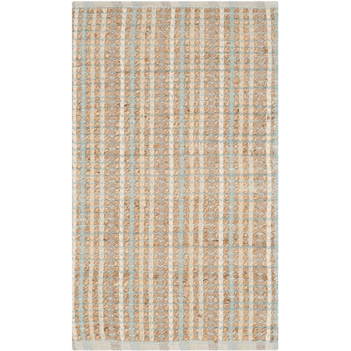 Compact accent rug pairs pale lines with warm natural jute columns