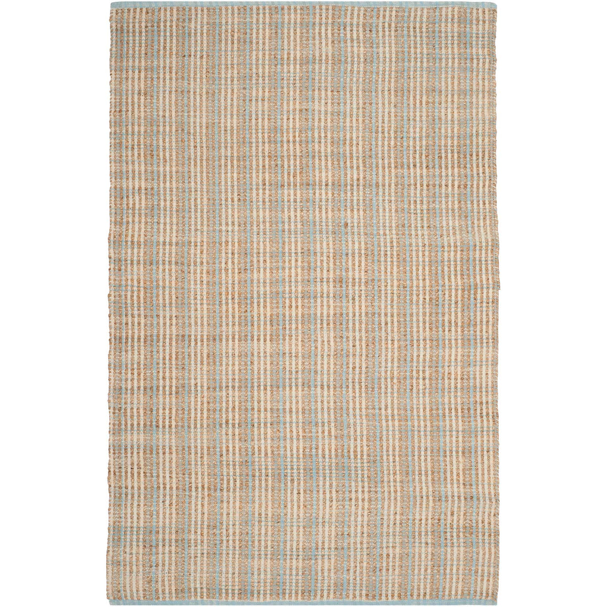 Warm jute rows weave through pale cotton stripes on a rectangular rug