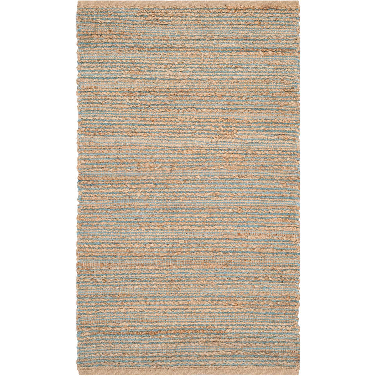 Small blue-striped rug mixes fine cool-toned lines with rustic tan jute