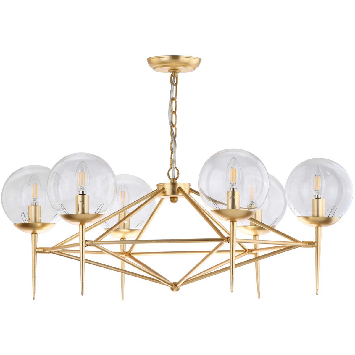 Gold leaf iron chandelier with six clear glass globes and an open geometric frame. || CHA4001A || front_studio