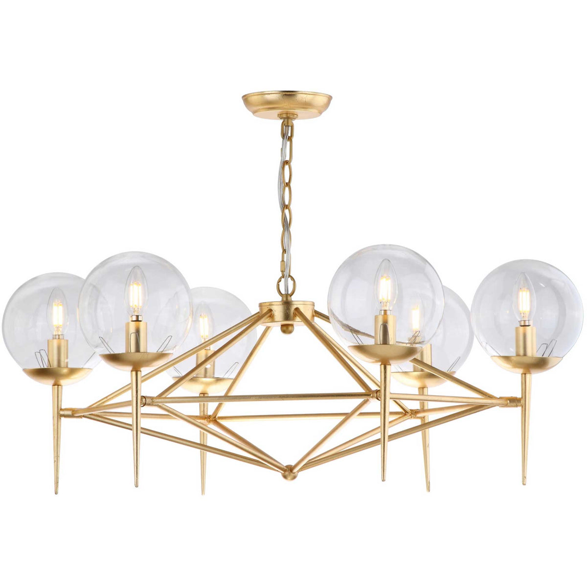 Six glowing bulbs shine through clear glass globes on an angular gold leaf chandelier. || CHA4001A || front_on_studio